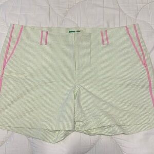 VGUC Lilly Pulitzer Green and Pink Seersucker Shorts White Label Size 14 Vintage